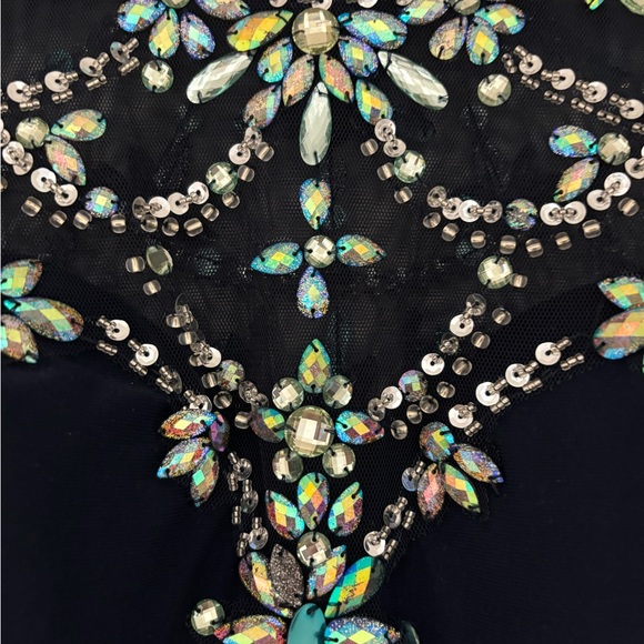 Betsy & Adam Navy and Teal Beaded Prom Dress - Picture 3 of 9